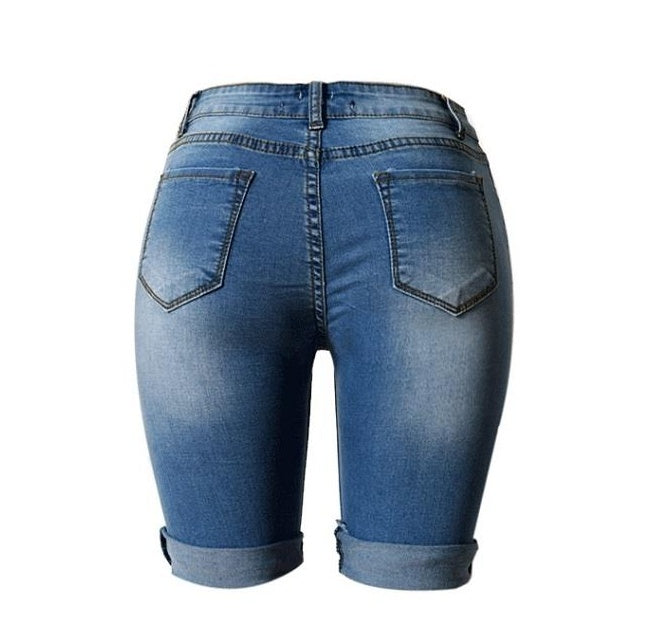 Short en jean taille haute déchiré – Coupe slim femme