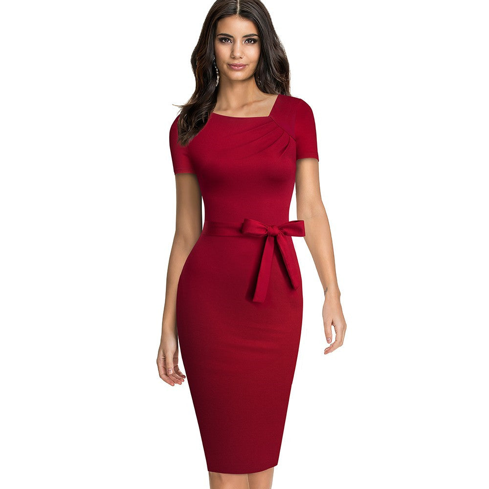 Robe crayon élégante femme – Col asymétrique & taille ceinturée