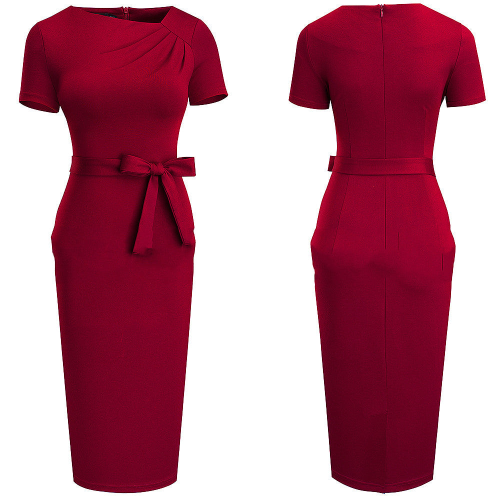 Robe crayon élégante femme – Col asymétrique & taille ceinturée
