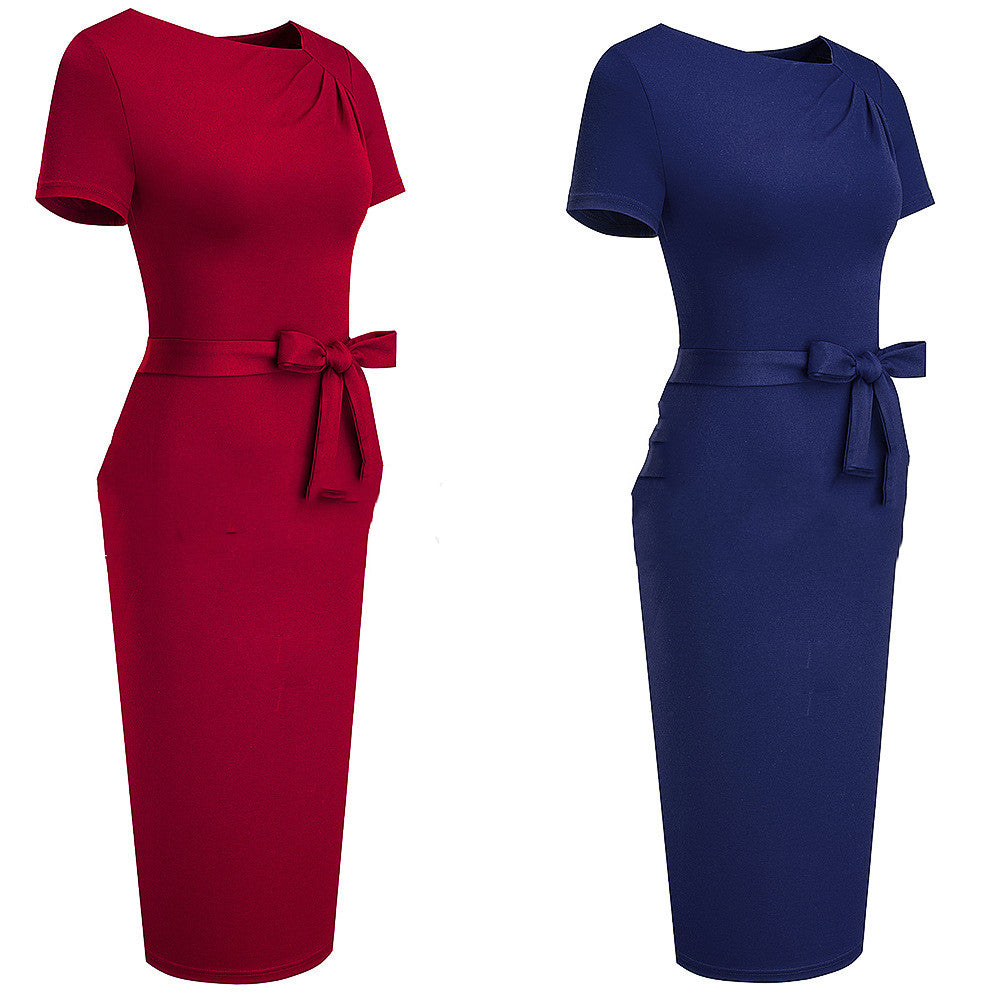 Robe crayon élégante femme – Col asymétrique & taille ceinturée