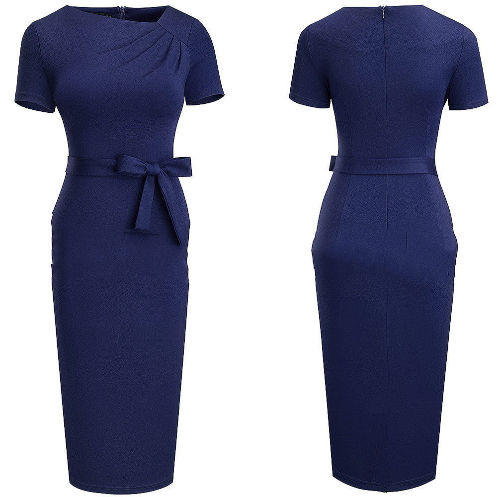 Robe crayon élégante femme – Col asymétrique & taille ceinturée
