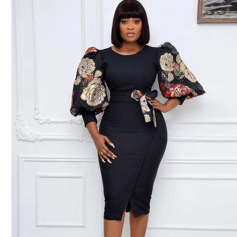 Robe femme manches bouffantes imprimées – Taille haute élégante