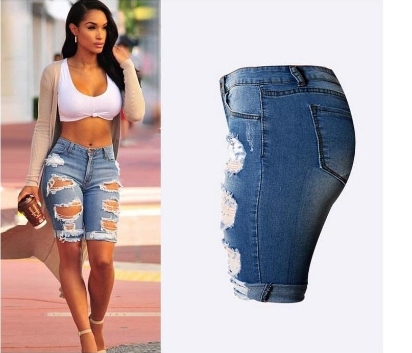 Short en jean taille haute déchiré – Coupe slim femme