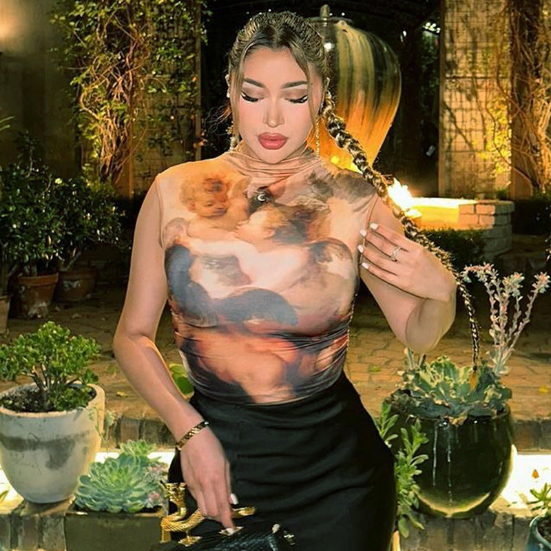 Top sans manches imprimé effet artistique – Coupe moulante | Femme